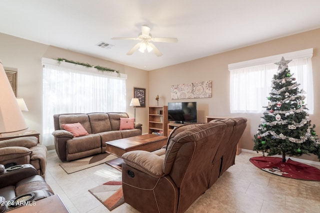 living room featuring ceiling fan