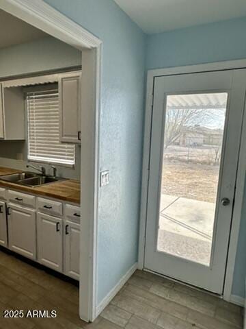 doorway to outside with sink, a healthy amount of sunlight, and light wood-type flooring