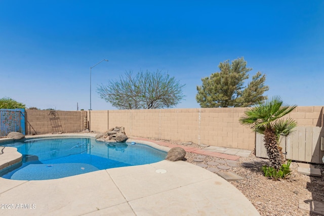 view of swimming pool with a fenced in pool, a fenced backyard, and a patio area