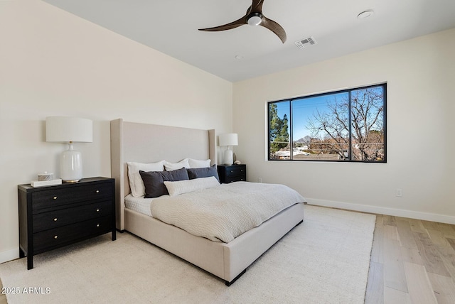 bedroom with ceiling fan and light wood-type flooring