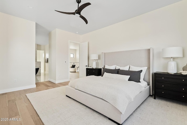 bedroom with ceiling fan and light wood-type flooring