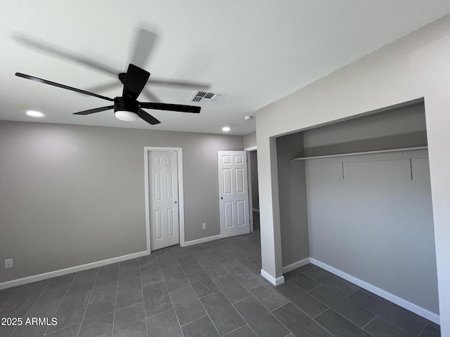 unfurnished bedroom with a ceiling fan, recessed lighting, visible vents, and baseboards