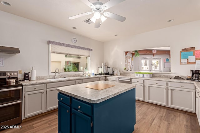 kitchen featuring blue cabinetry, sink, a center island, appliances with stainless steel finishes, and white cabinets