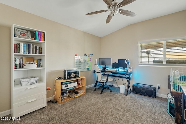 carpeted office space with lofted ceiling and ceiling fan