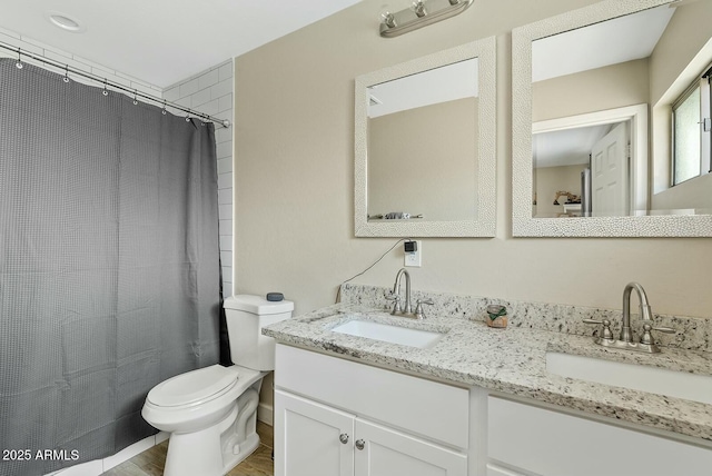 bathroom with vanity, curtained shower, and toilet