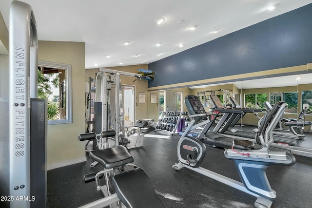 exercise room featuring a wealth of natural light and vaulted ceiling