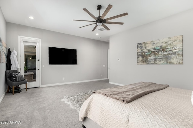 bedroom featuring carpet flooring and ceiling fan