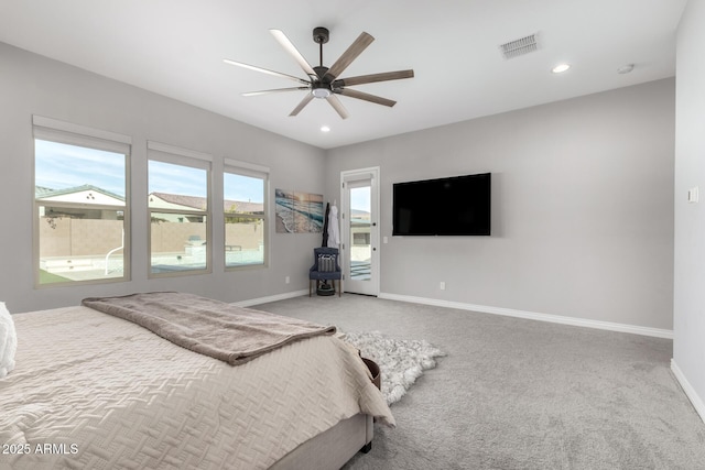 carpeted bedroom with ceiling fan