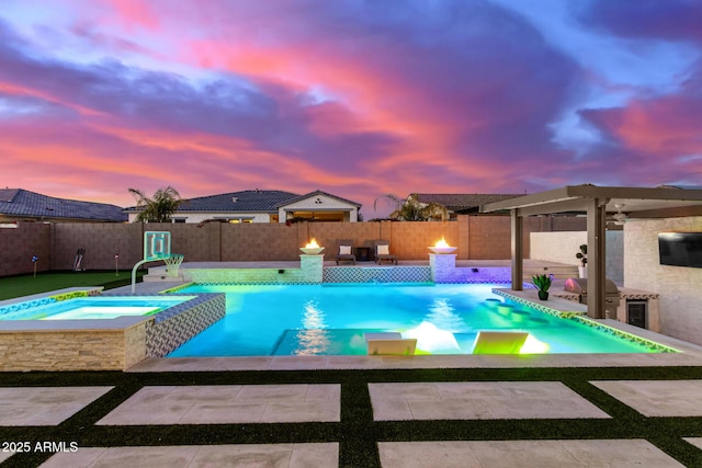 pool at dusk featuring an in ground hot tub, a patio area, and a pergola