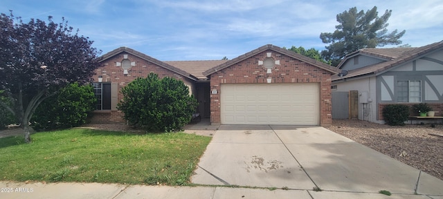 ranch-style house featuring a garage, a front yard, brick siding, driveway, and a tile roof
