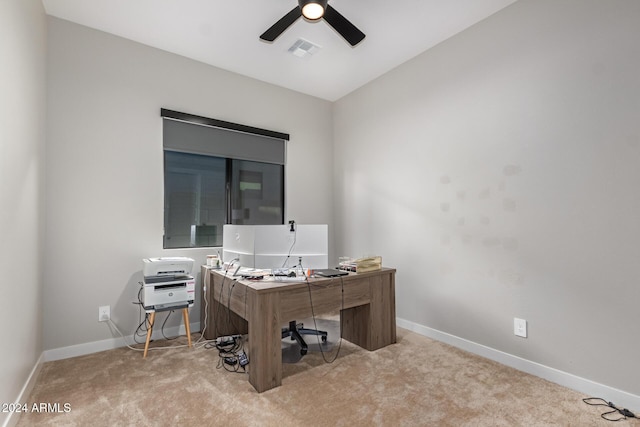 office space with ceiling fan and carpet floors