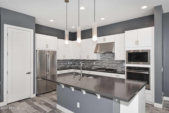 kitchen with sink, hanging light fixtures, stainless steel appliances, range hood, and an island with sink