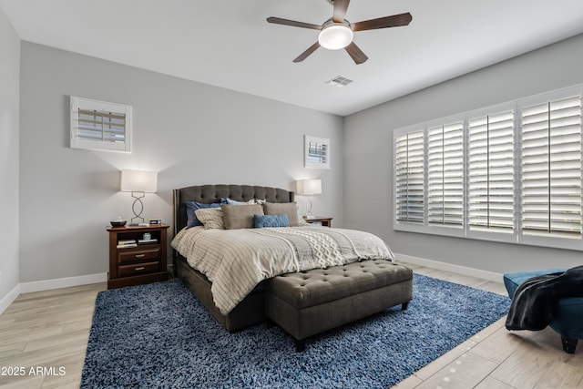 bedroom with hardwood / wood-style flooring and ceiling fan