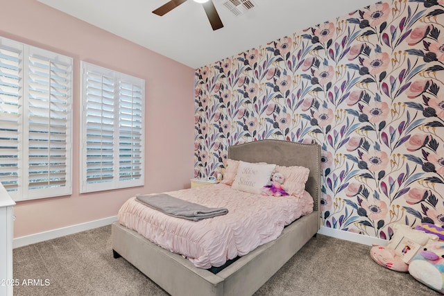 bedroom featuring ceiling fan and light colored carpet