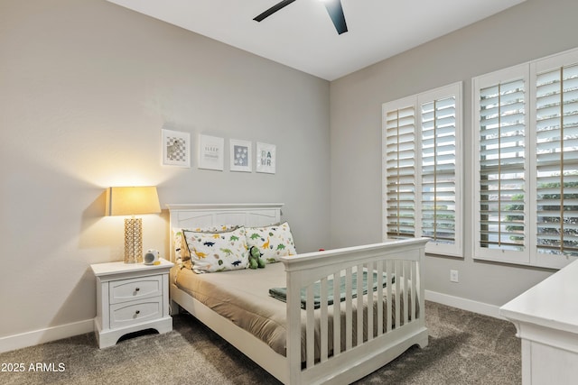 carpeted bedroom featuring ceiling fan