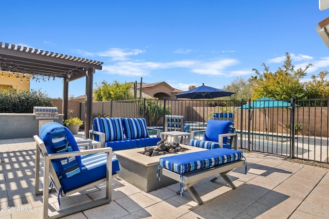 view of patio with a pergola and an outdoor living space with a fire pit