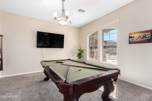 recreation room featuring a notable chandelier, carpet, and pool table