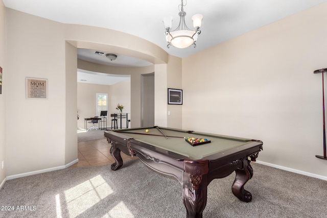 rec room with pool table and carpet floors