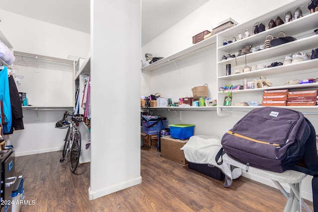 walk in closet with dark wood-type flooring