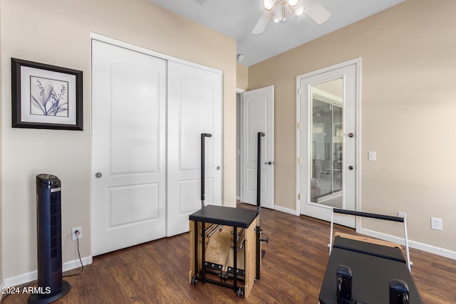 exercise area featuring dark hardwood / wood-style floors and ceiling fan