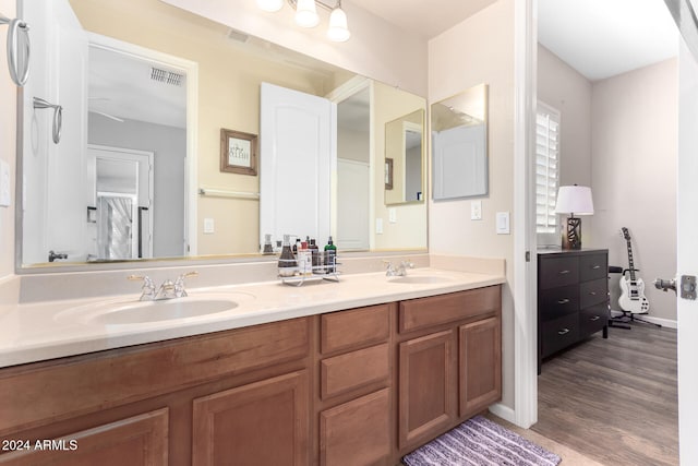 bathroom with vanity and wood-type flooring