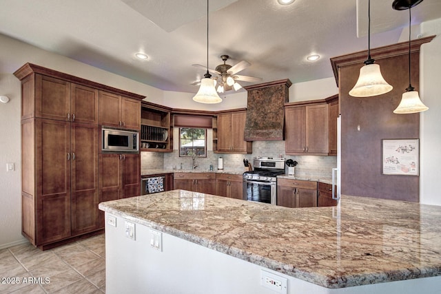 kitchen featuring backsplash, premium range hood, light stone countertops, appliances with stainless steel finishes, and open shelves