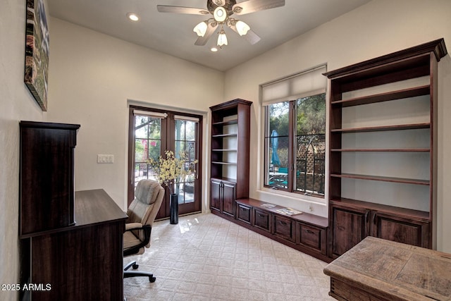 office space with recessed lighting, light colored carpet, and ceiling fan