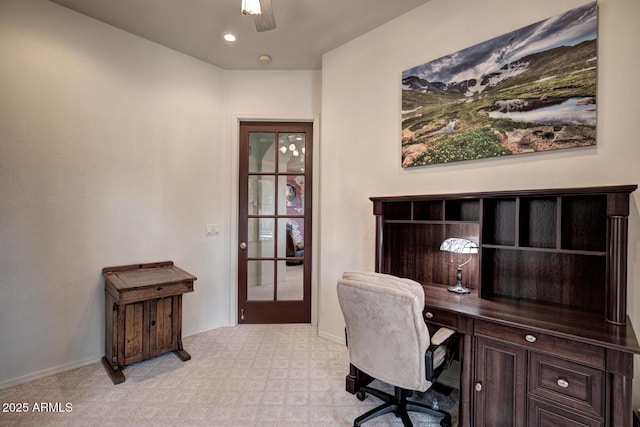 office area featuring recessed lighting, baseboards, and light carpet