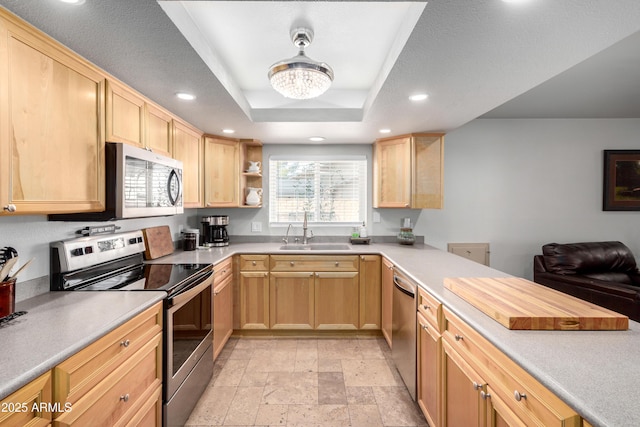 kitchen with sink, a tray ceiling, stainless steel appliances, and light brown cabinets