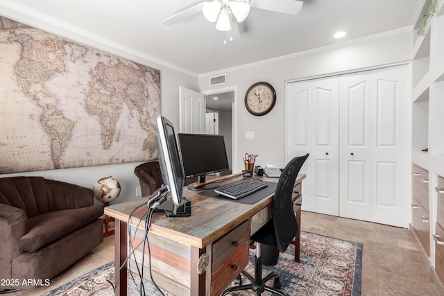 office with crown molding and ceiling fan