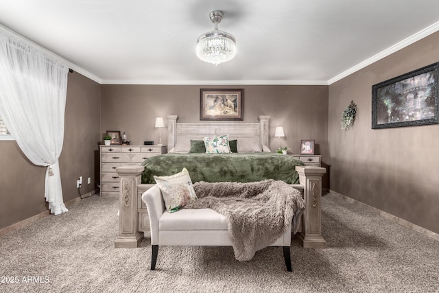 carpeted bedroom featuring ornamental molding and an inviting chandelier