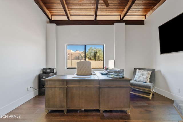 office featuring dark wood-style floors, beamed ceiling, wooden ceiling, and baseboards