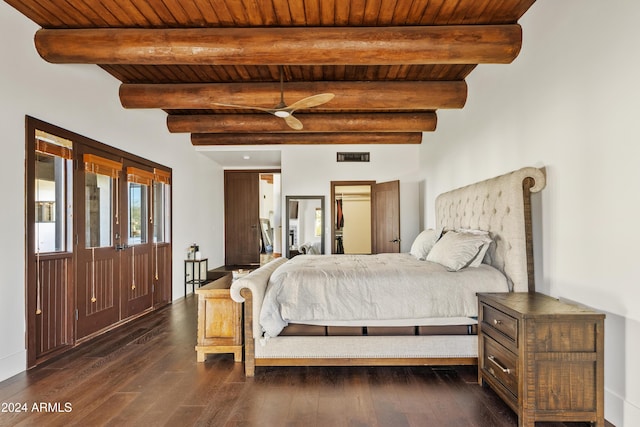 bedroom with dark wood-style floors, wooden ceiling, visible vents, and beamed ceiling