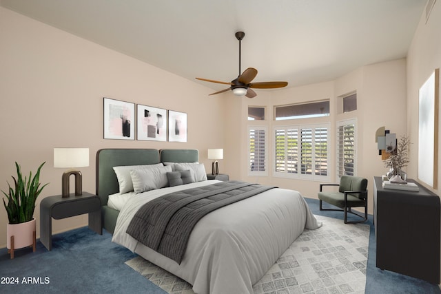 carpeted bedroom with ceiling fan