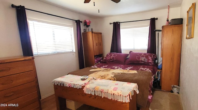 bedroom featuring multiple windows and ceiling fan