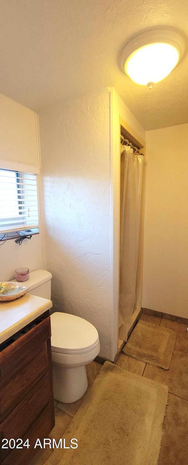 bathroom featuring a shower with curtain, vanity, and toilet