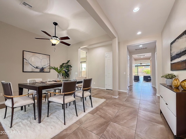 14572 W Medlock Dr, Litchfield Park, AZ 85340 - dining room with a ceiling fan, recessed lighting, light marble finish flooring, and baseboards