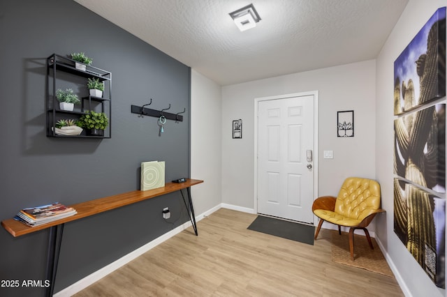 entryway with a textured ceiling and light wood-type flooring