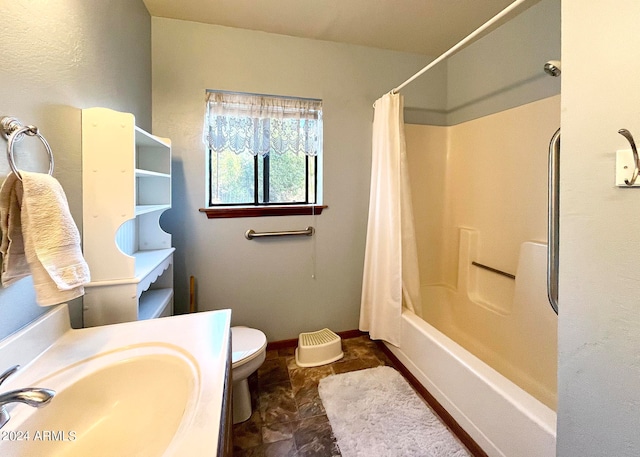 full bathroom with vanity, toilet, and shower / bathtub combination with curtain