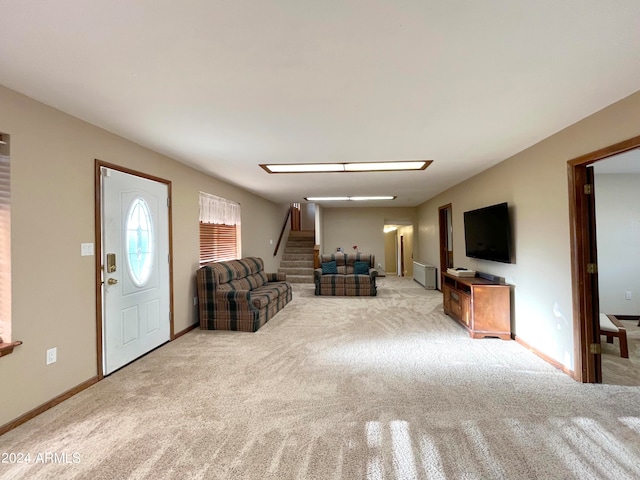 living room with light carpet