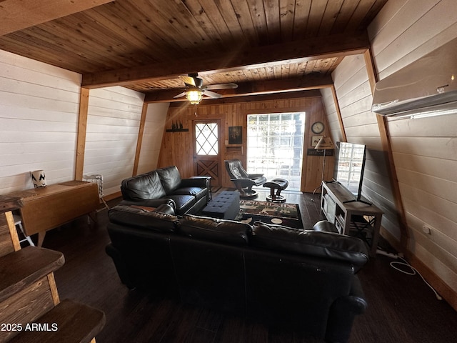 living area featuring beam ceiling, wooden ceiling, and wood walls