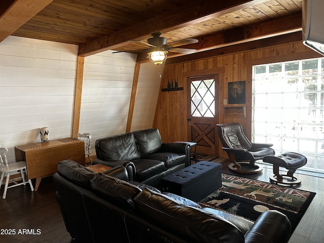living area with dark wood-style flooring, wood walls, wooden ceiling, and beamed ceiling