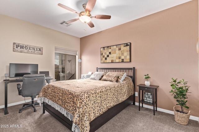 carpeted bedroom with baseboards, visible vents, and ceiling fan