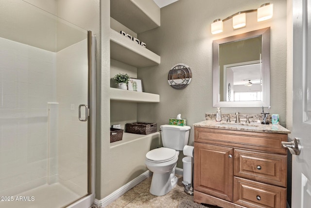 bathroom featuring tile patterned flooring, a shower stall, baseboards, toilet, and vanity