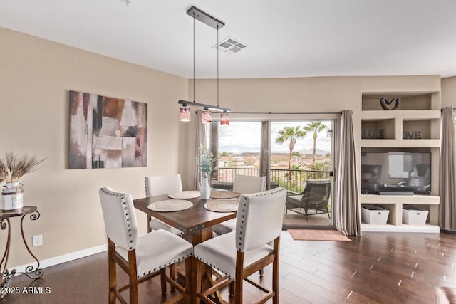 dining space with built in shelves, visible vents, baseboards, and dark wood finished floors