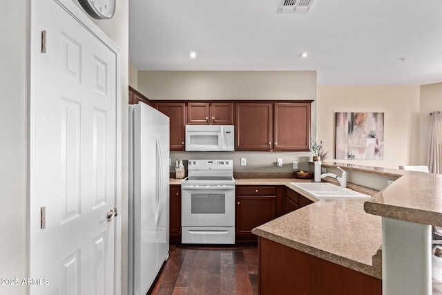 kitchen featuring white appliances, visible vents, a peninsula, a sink, and dark wood-type flooring