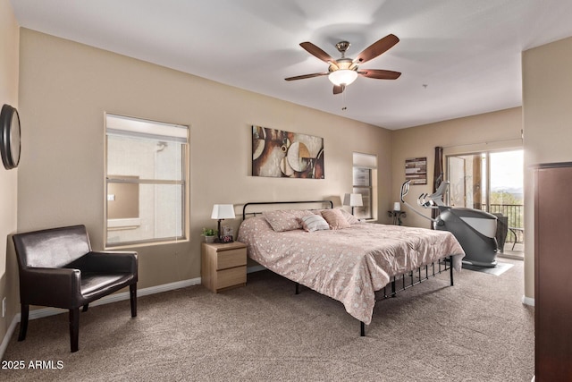 carpeted bedroom with access to outside, baseboards, and ceiling fan