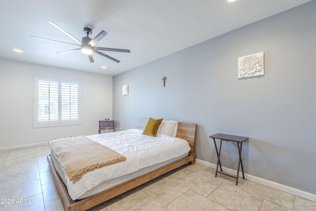 bedroom with recessed lighting, light tile patterned flooring, ceiling fan, and baseboards