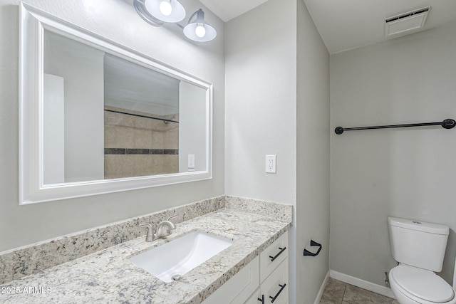 bathroom with tile patterned floors, toilet, vanity, baseboards, and visible vents