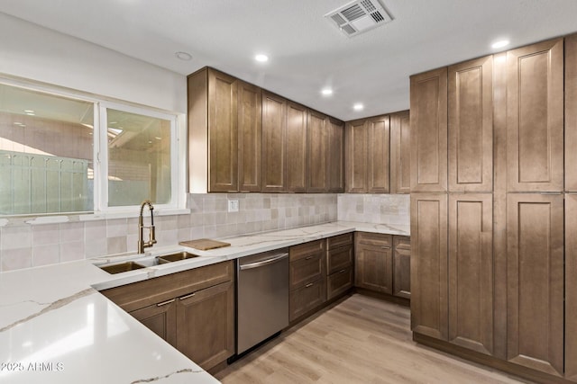 kitchen with tasteful backsplash, visible vents, dishwasher, light wood-style flooring, and a sink